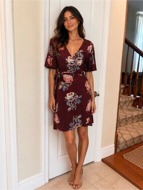 Show me your Mumu Floral Wrap Dress Burgundy Boho Flutter Sleeve short dress